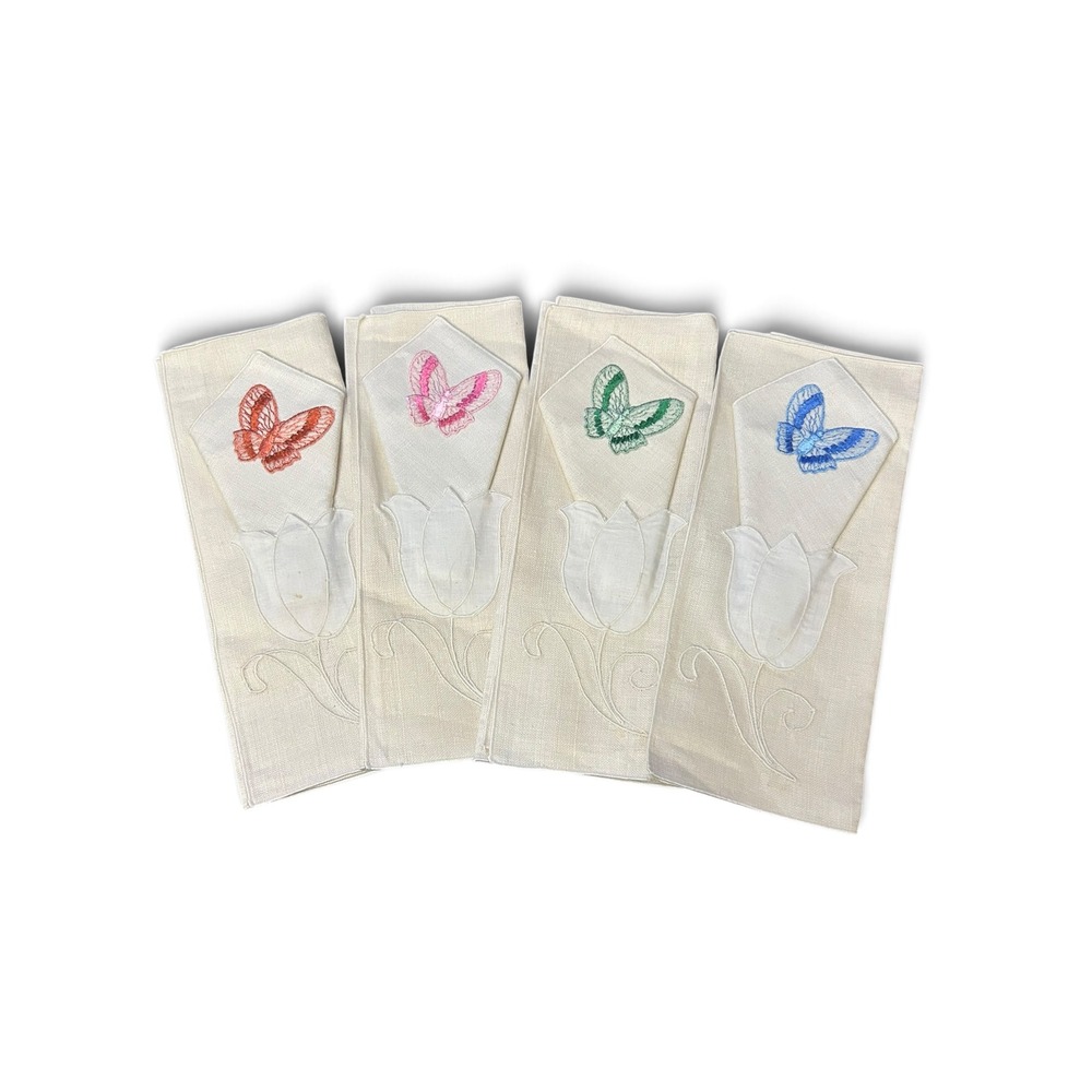 Vintage 1970s Oatmeal Linen Placemat Napkin Set Multi Color Butterfly Tulip 8pc